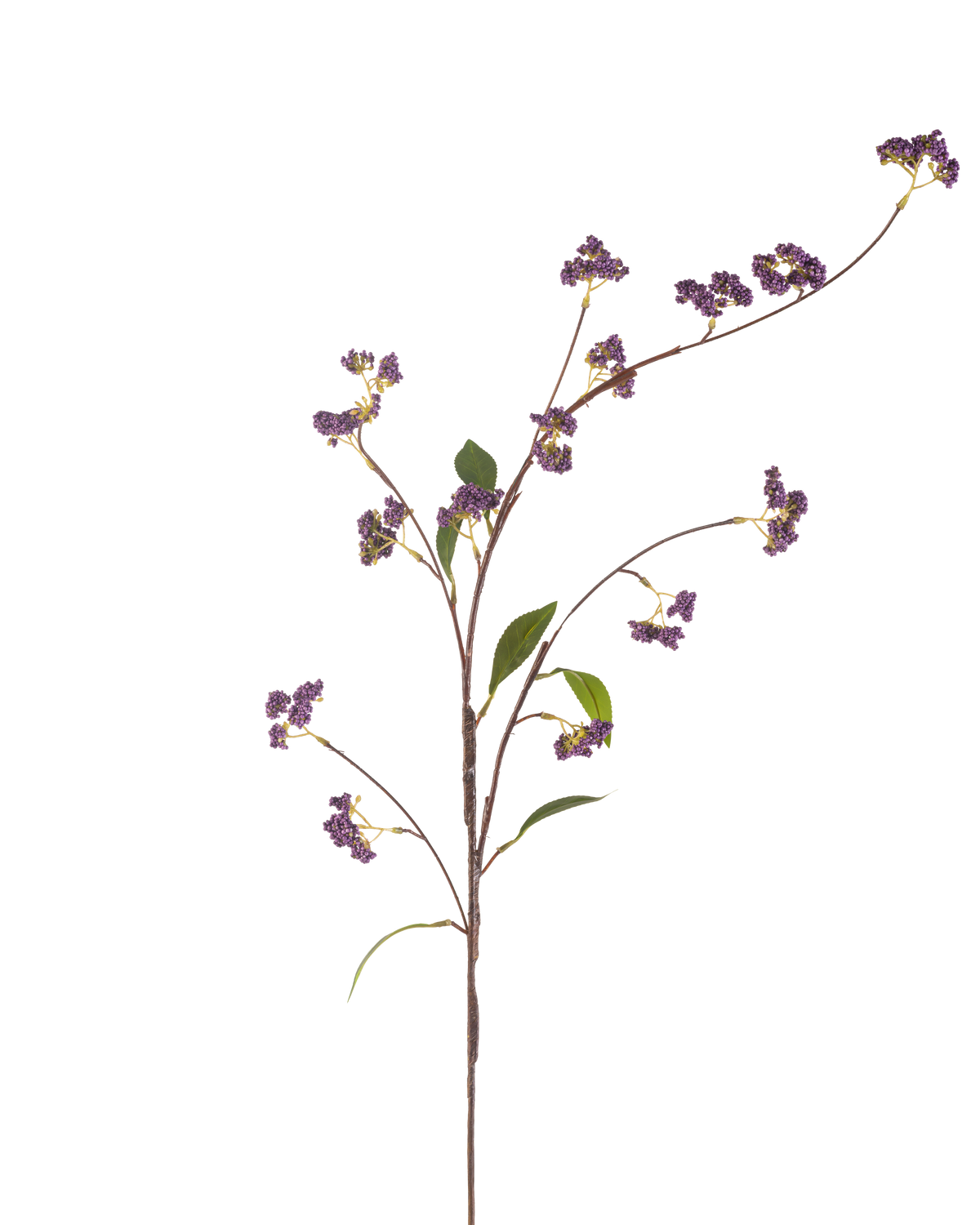 La Fleur Artificielle Baies 95 cm violette possède une seule tige marron aux multiples branches, ornée de grappes de baies violettes et de quelques feuilles vertes, parfaitement isolées sur un fond blanc.