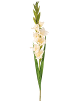 La Fleur Artificielle Glaïeul 93 cm crème est une tige de glaïeul artificiel blanc avec de multiples fleurs, de longues feuilles vertes et plusieurs bourgeons verts au sommet, sur un fond blanc uni.