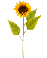La Fleur Artificielle Tournesol 71 cm jaune est un tournesol artificiel avec des pétales jaune vif, un cœur marron foncé et trois grandes feuilles vertes sur une longue tige verte, sur un fond uni blanc.