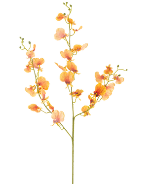L'Orchidée Fleur Artificielle 98 cm jaune a une tige unique avec de multiples branches de fleurs d'orchidée jaunes et de bourgeons verts, sur un fond blanc uni.