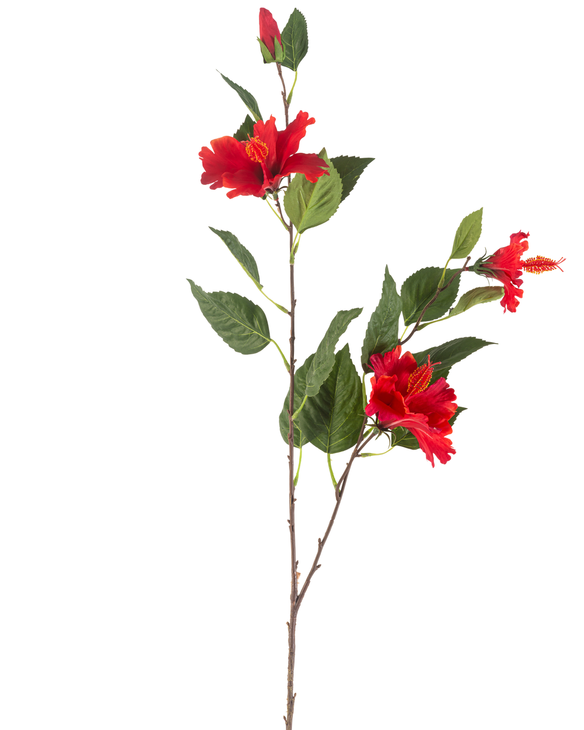 La fleur artificielle Hibiscus 89 cm rouge a une seule tige avec trois fleurs d'hibiscus rouge vif et des feuilles vertes luxuriantes sur un fond blanc.