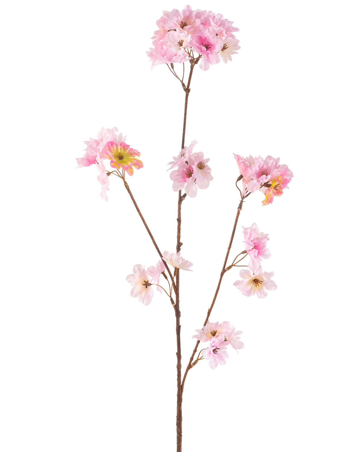 La Fleur de Cerisier Artificielle 85 cm rose possède une seule tige marron avec de multiples branches, chacune décorée de bouquets de délicates fleurs de cerisier artificielles rose clair, sur un fond blanc uni.