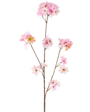 La Fleur de Cerisier Artificielle 85 cm rose possède une seule tige marron avec de multiples branches, chacune décorée de bouquets de délicates fleurs de cerisier artificielles rose clair, sur un fond blanc uni.