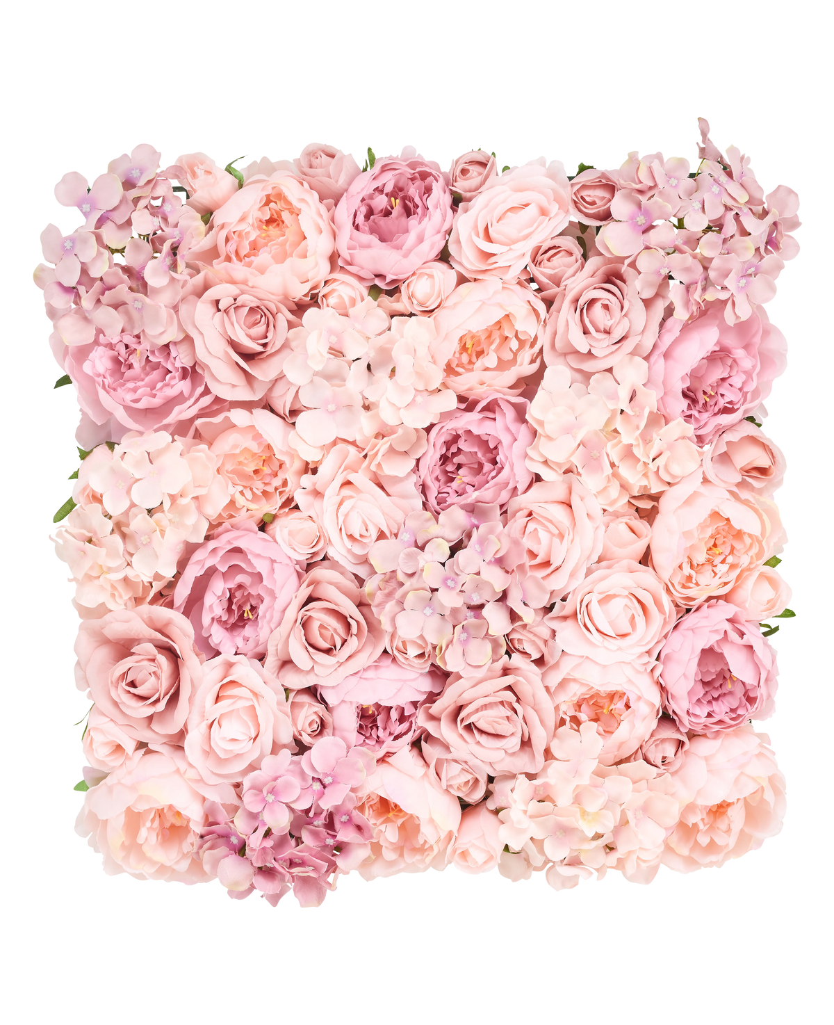 Les fleurs de haie artificielles 50x50 cm présentent un présentoir carré de roses roses et blush, de pivoines et d'hortensias rapprochés pour un look doux et élégant sur un fond blanc.