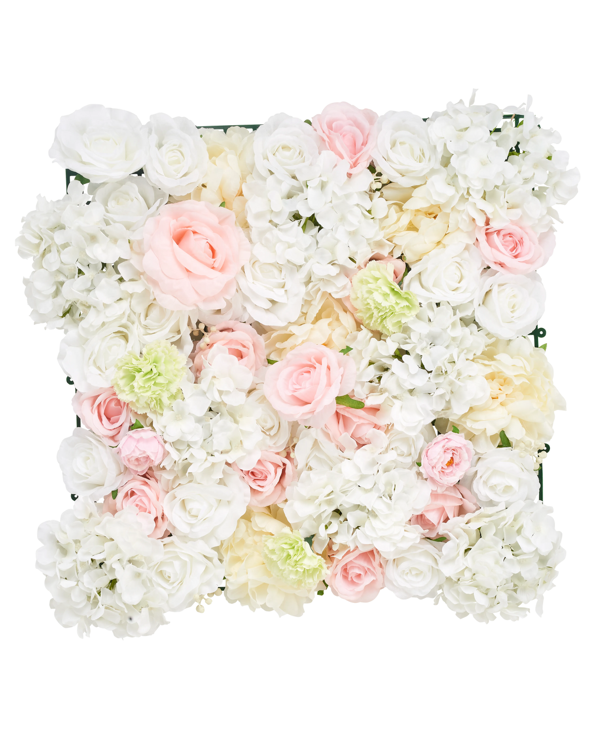 La haie artificielle Fleurs 50x50 cm blanc a un panneau carré rempli de roses blanches artificielles, de pivoines et d'hortensias sur un fond blanc.