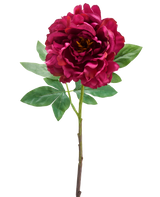 La pivoine artificielle de 61 cm violette est une pivoine artificielle unique avec de grands pétales violets superposés et de multiples feuilles vertes, représentées sur un fond blanc uni.