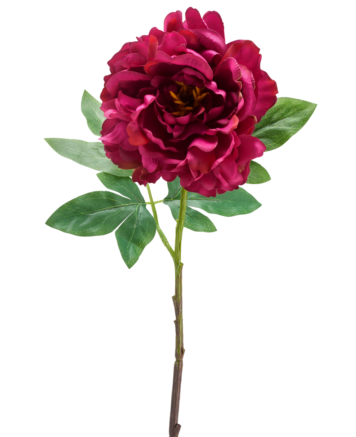 La pivoine artificielle de 61 cm violette est une pivoine artificielle unique avec de grands pétales violets superposés et de multiples feuilles vertes, représentées sur un fond blanc uni.