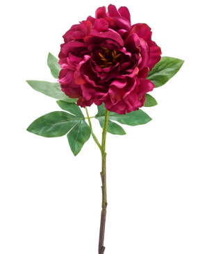 La pivoine artificielle de 61 cm violette est une pivoine artificielle unique avec de grands pétales violets superposés et de multiples feuilles vertes, représentées sur un fond blanc uni.