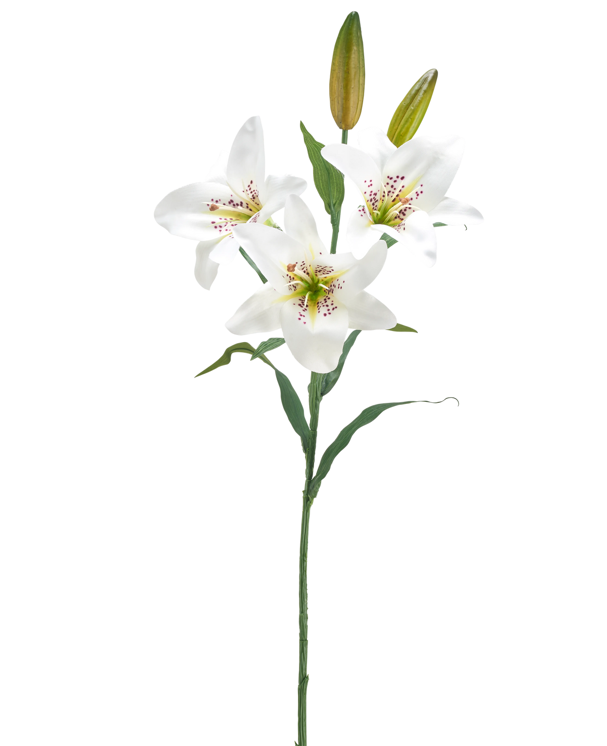 La Fleur de Lys Artificielle 78 cm blanc possède une tige unique avec trois fleurs de lys blanches ouvertes, un cœur rose moucheté, deux bourgeons fermés et des feuilles vertes, sur un fond blanc uni.