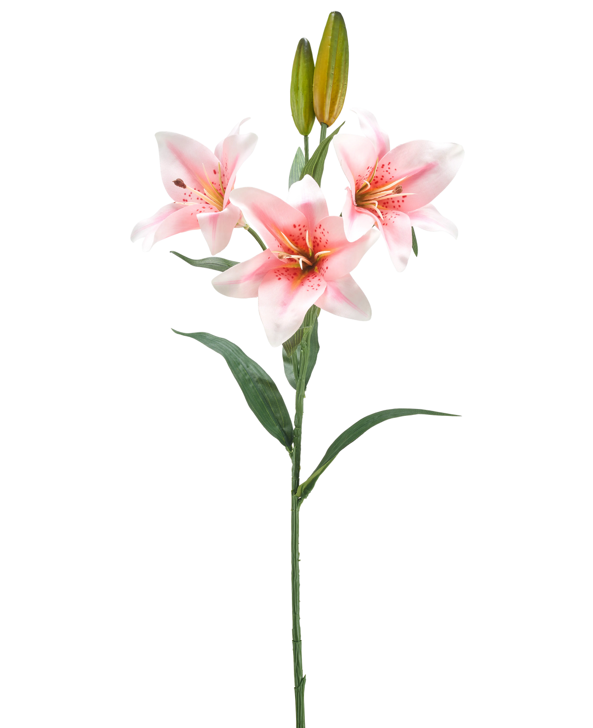 Une seule tige de Lys Artificiel 78 cm blanc/rose a trois lys roses et blancs en fleurs, deux bourgeons fermés et des feuilles vertes, sur un fond blanc uni.