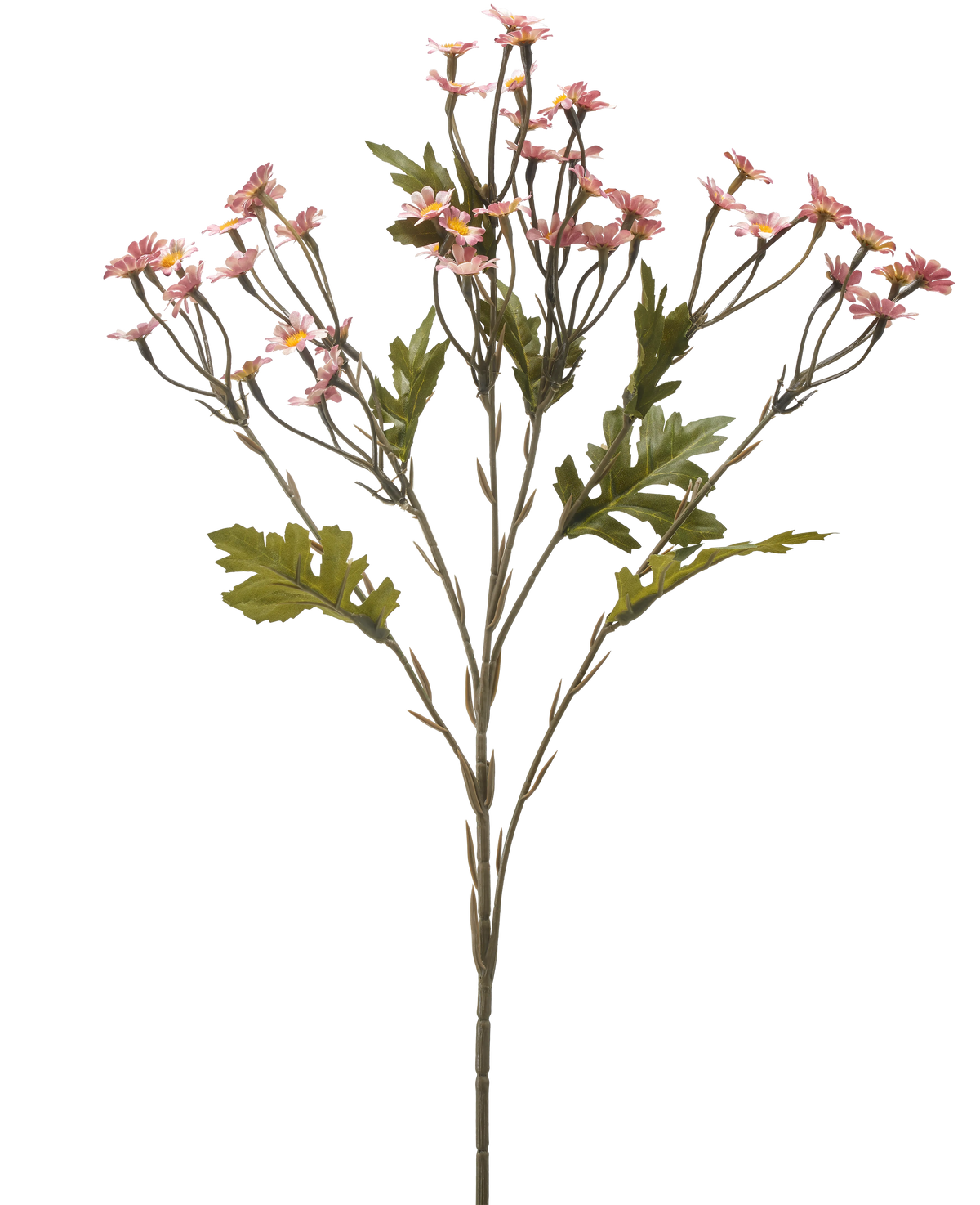 La Fleur Artificielle Mini Marguerite 61 cm mauve est une tige unique aux multiples branches, ornée de petites fleurs mauves et de feuilles vertes, isolées sur un fond blanc.
