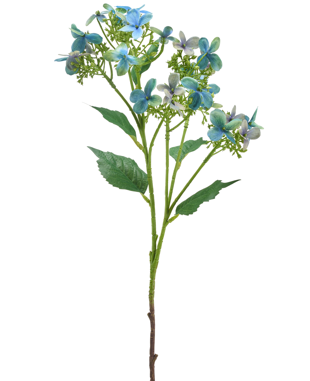 La fleur artificielle Hortensia sauvage 62 cm bleu/vert a une seule tige artificielle avec des bouquets de fleurs bleues et vertes et quelques feuilles vertes, représentées sur un fond blanc.