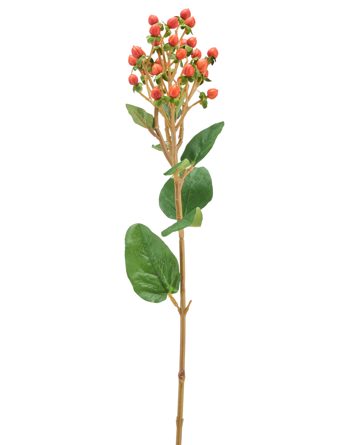 Une seule fleur artificielle Hypericum de 65 cm avec des grappes de petites baies orange/rouge et des feuilles vertes sur un fond clair.