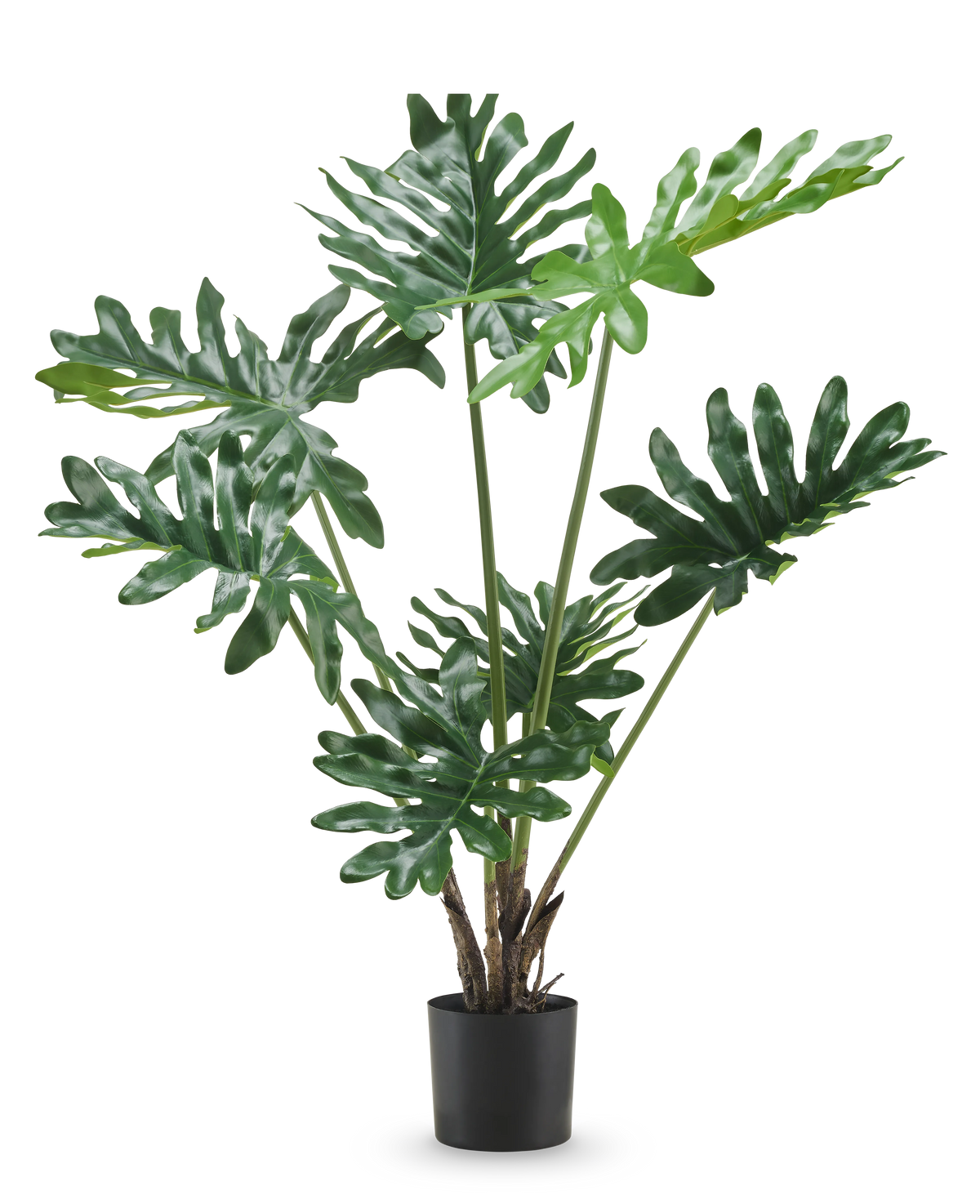 La plante artificielle Philodendron 90 cm possède de grandes feuilles fendues vert foncé brillant et plusieurs tiges dressées dans un pot haut, sur un fond blanc uni.