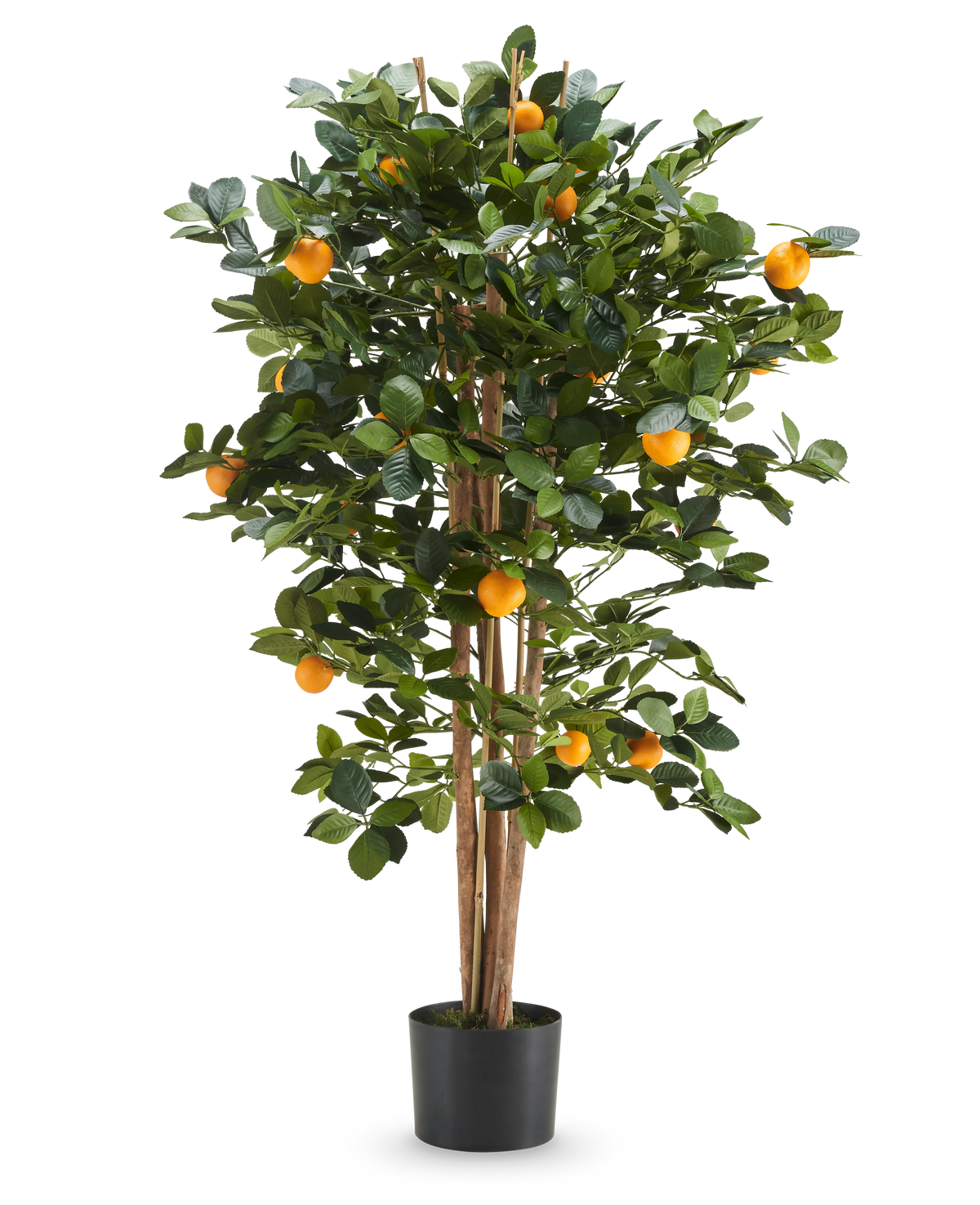 L'oranger artificiel de 120 cm a des feuilles vertes brillantes et des fruits orange vif dans un simple pot noir, parfait pour égayer n'importe quel espace.