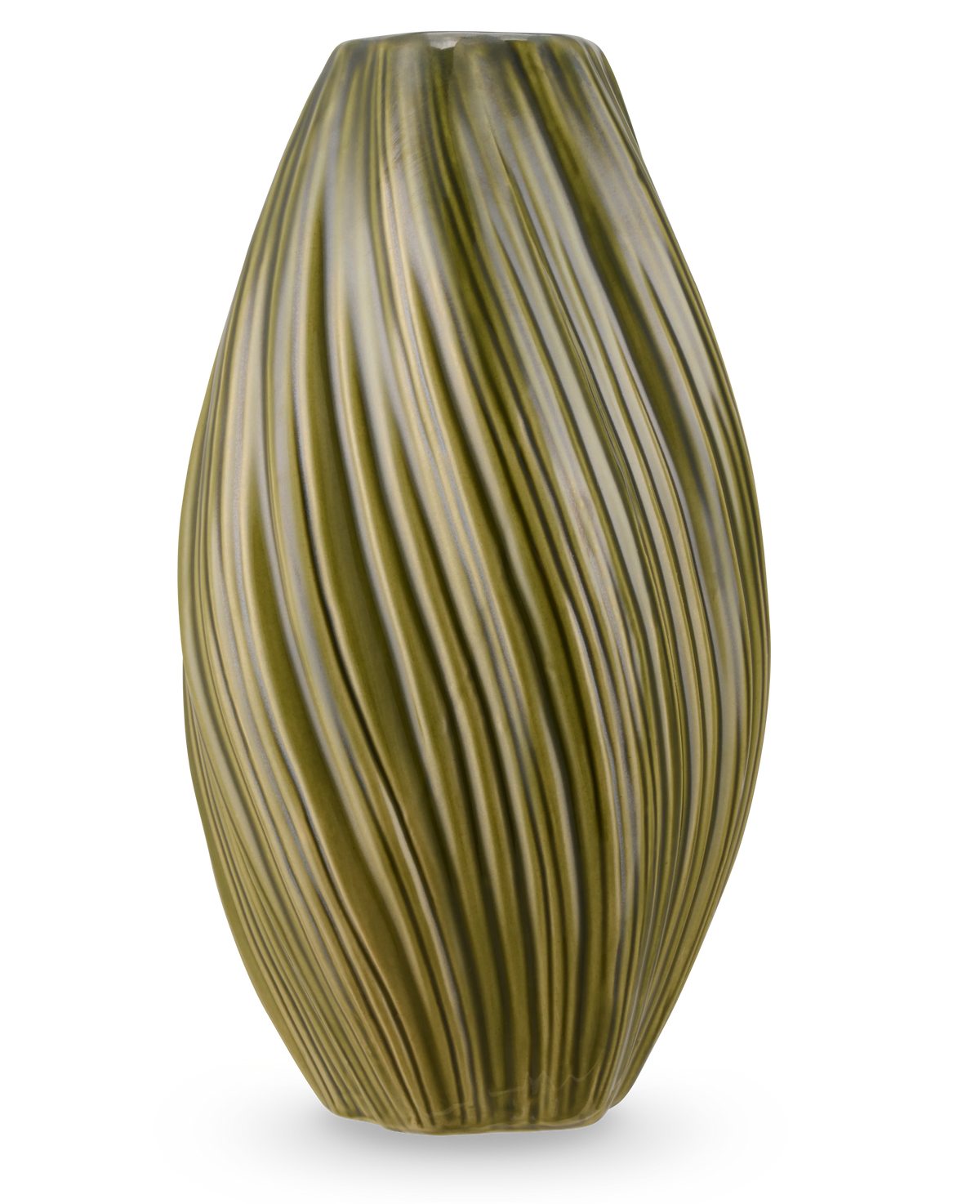 Le Vase Soft Dune 26 cm vert est un grand vase en céramique vert olive de forme allongée avec des arêtes verticales ondulées, créant une texture naturelle. Représenté sur un fond blanc.