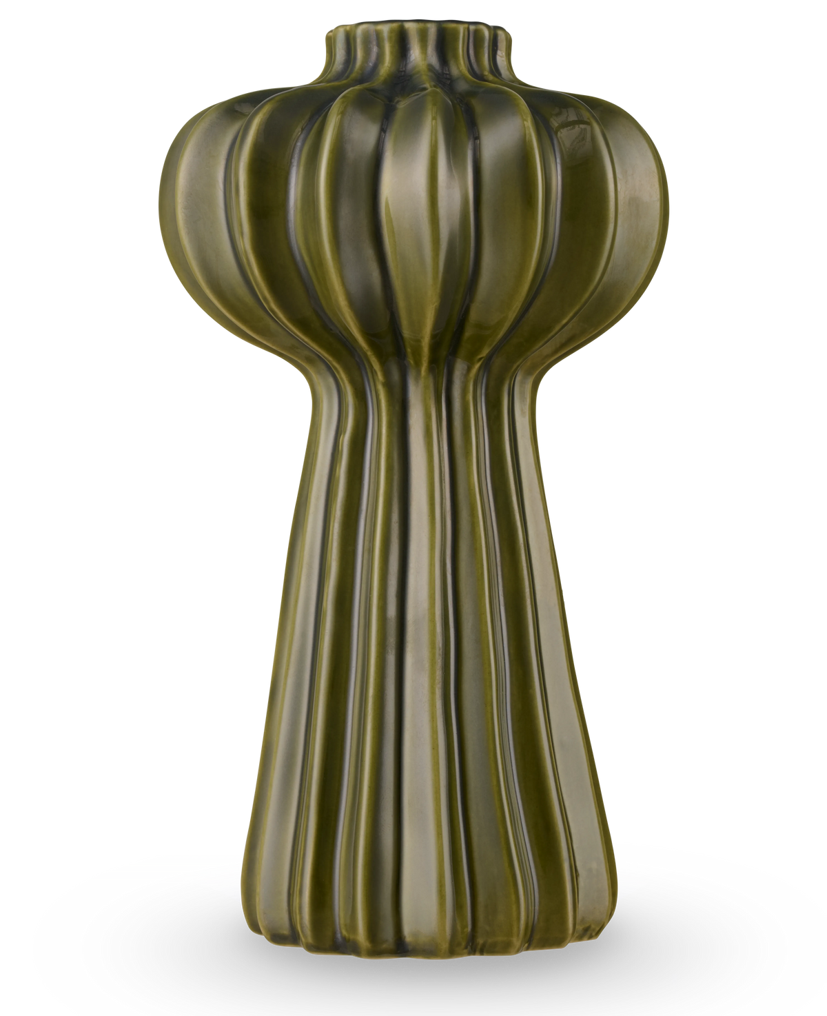 Le vase Morning Dawdrop 25 cm vert est un vase grand et moderne avec une finition vert olive brillante, des crêtes verticales et une forme organique et sculpturale qui se rétrécit d'un sommet sphérique à une base cannelée élégante.