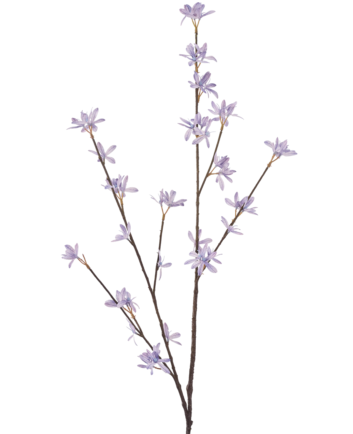 La fleur artificielle Wildflowers 112 cm lilas a trois fines tiges brunes avec de délicates fleurs violettes et des feuilles vertes étroites, sur un fond blanc uni.