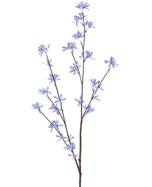 La Fleur Artificielle Wildflowers 112 cm bleue possède une seule branche marron avec de multiples fines ramifications, chacune décorée de petites fleurs délicates bleu clair, sur un fond uni blanc.