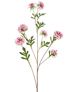 La fleur artificielle bleuet 112 cm rose a une longue tige avec des feuilles vertes et plusieurs fleurs roses duveteuses ressemblant à des dahlias sur un fond blanc.