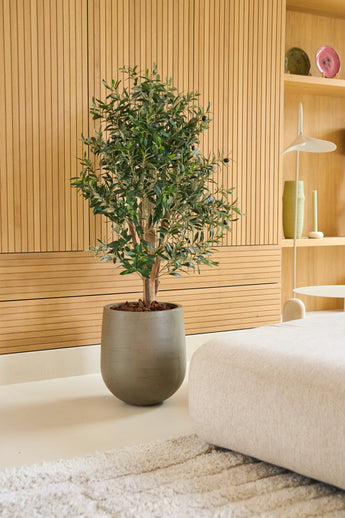 Un Olivier Artificiel 120 cm UV se dresse sur un sol clair à côté d'un canapé beige dans une pièce moderne aux boiseries et étagères minimalistes sur lesquelles sont exposés vases et vaisselle. Il s'agit d'un olivier sans entretien qui s'intègre parfaitement dans un intérieur élégant et nécessitant peu d'entretien.