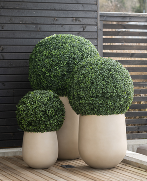 Trois grands arbustes topiaires artificiels de style romain UV D55cm avec un feuillage vert dense se dressent dans de hautes jardinières beiges sur une terrasse en bois devant une clôture à lattes sombres.