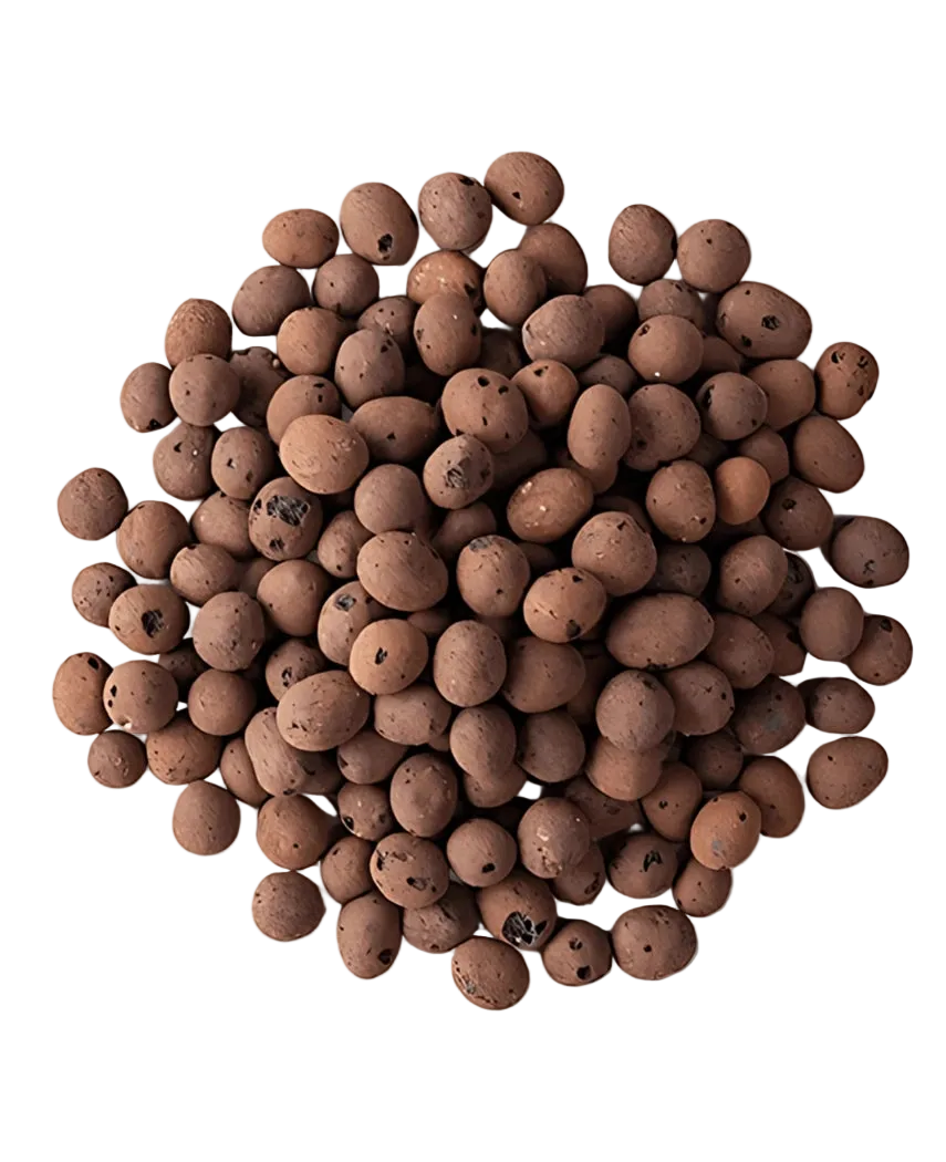 Un tas lâche de sac Hydro Granules de 10 litres, des granules ronds d'argile brune utilisés comme milieu de culture dans le jardinage hydroponique et aquaponique, présentés sur un fond blanc.