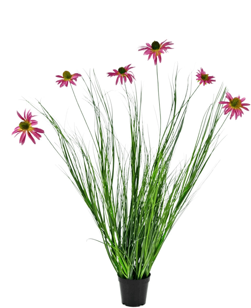 Le Gazon Artificiel Chrysanthème 100 cm ignifuge est une plante en pot dotée de longues feuilles vertes et de longues tiges surmontées de fleurs rose vif ressemblant à des marguerites, sur fond blanc.