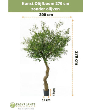 Olivier artificiel 270 cm sans olives en pot, hauteur totale 270 cm et 200 cm de largeur. Le pot convient aux pots décoratifs, hauteur 17 cm, diamètre 18 cm. Le texte néerlandais ci-dessus/ci-dessous indique les tailles et la marque.