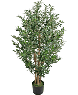 L'Olivier Artificiel 120 cm UV est un grand olivier artificiel avec plusieurs troncs en bois et des feuilles vertes denses dans un petit pot noir.