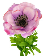 Un gros plan de l'anémone artificielle Real Touch violette 52 cm montre les doux pétales violet clair superposés et le cœur foncé, entourés de feuilles vert vif profondément lobées, le tout sur un fond blanc.