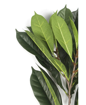 Un gros plan de la feuille artificielle Cyathistipula 63 cm ignifuge montre des feuilles vertes artificielles de différentes nuances avec des nervures visibles, attachées à des tiges brunes, le tout sur un fond blanc.