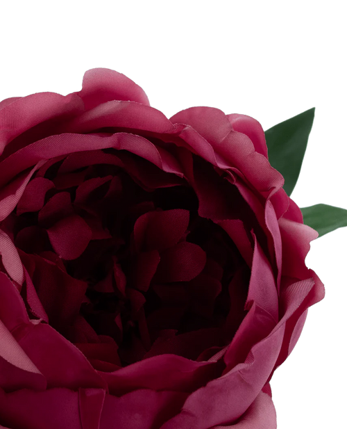 Gros plan de la fleur artificielle pivoine Lotus Real Touch rouge 58 cm, une pivoine artificielle rose foncé avec des pétales superposés et deux feuilles vertes, sur un fond blanc uni.