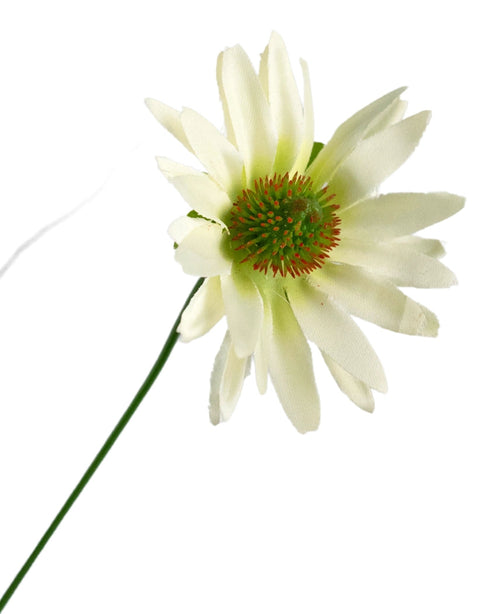 Un seul pot d'oignons de chrysanthème en gazon artificiel, de 60 cm de haut, avec des caractéristiques ignifuges ; une fleur de marguerite blanche artificielle sur une longue tige verte, isolée sur un fond blanc.