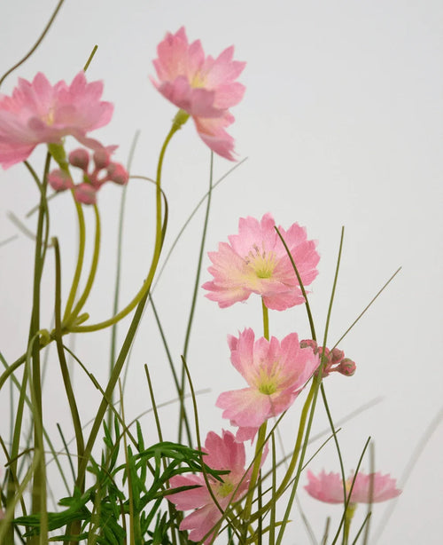Le pot d'herbe d'oignon de fleur de Gesang rose de gazon artificiel 56 cm ignifuge a des fleurs roses délicates avec de fines tiges vertes et des feuilles étroites, disposées sur un fond clair pour un effet doux et aéré.