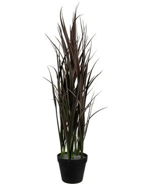 Le gazon artificiel Bordeaux UV 90 cm est une plante artificielle haute avec des feuilles longues et étroites vert foncé et marron qui se dressent verticalement dans un pot noir, sur un fond blanc uni.