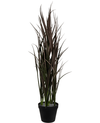 Le gazon artificiel Bordeaux UV 90 cm est une plante artificielle haute avec des feuilles longues et étroites vert foncé et marron qui se dressent verticalement dans un pot noir, sur un fond blanc uni.