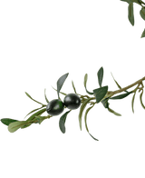 Un gros plan d'une branche feuillue verte avec deux olives foncées, sur un fond blanc uni, souligne le détail réaliste de l'Olivier artificiel UV 180 cm.