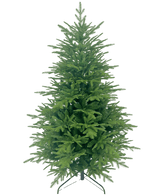 Le Sapin de Noël Artificiel "Åsmund" PE/PVC est un sapin de Noël artificiel vert avec des branches denses, debout sur un support en métal sur un fond blanc uni.