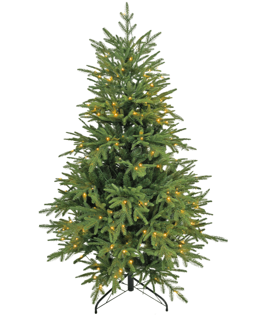 Le Sapin de Noël Artificiel "Åsmund" PE/PVC - Smart LED est un sapin artificiel vert avec un pied en métal noir, équipé de petites lumières blanc chaud uniformément réparties et sans ornements ni cime d'arbre.