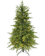 Le sapin de Noël artificiel « Sigrid » (100 % PE) avec des lumières LED intelligentes en blanc chaud se dresse sur un pied en métal sur un fond blanc uni.