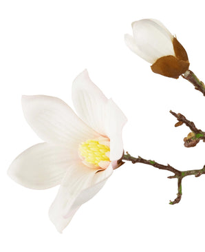 La Branche de Magnolia Artificielle Real Touch Blanc 98 cm présente une fleur de magnolia blanche épanouie et un bourgeon fermé sur une branche, sur un fond blanc uni.