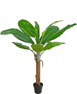 La plante artificielle bananier 150 cm possède de larges feuilles vertes vibrantes et un grand tronc marron, présenté dans un pot sur un fond blanc uni.