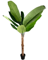 Le Bananier Artificiel 180 cm est un grand bananier artificiel avec de grandes feuilles vertes et un tronc marron dans un petit pot noir, représenté sur un fond blanc uni.