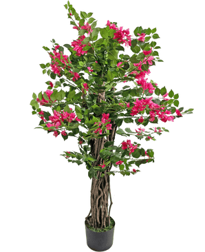 Le bougainvillier artificiel de 120 cm a des tiges brunes torsadées, des feuilles vertes luxuriantes et des fleurs roses éclatantes, parfaites pour ajouter de la couleur à n'importe quel espace.