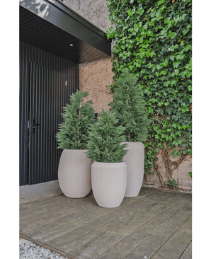 Trois grandes jardinières beiges avec plante artificielle conifère de luxe UV 150 cm se dressent sur une terrasse en bois près d'une porte noire et d'un mur de lierre, créant une entrée extérieure ou un patio élégant pour tous ceux qui recherchent l'inspiration d'un jardin de plantes artificielles.