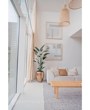 Un salon lumineux et moderne avec de grandes fenêtres, un canapé blanc, des coussins neutres, une table basse tressée, deux œuvres murales abstraites, une plante Heliconia artificielle de 180 cm dans un pot structuré et des suspensions tressées suspendues au plafond.