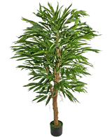 La Plante Artificielle Longfolia 150 cm est un grand bambou artificiel avec de multiples tiges brunes et de longues feuilles vertes étroites, présenté dans un petit pot noir sur un fond blanc uni.