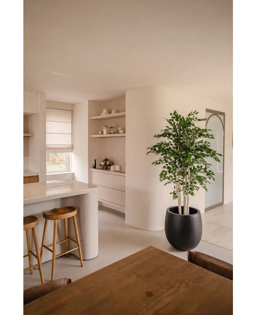 Une cuisine moderne et minimaliste avec des murs et des placards blancs, des tabourets en bois sur un plan de travail blanc, des étagères ouvertes avec de la vaisselle et une plante artificielle de bouleau brut de 210 cm dans une jardinière noire à côté de la table à manger en bois.
