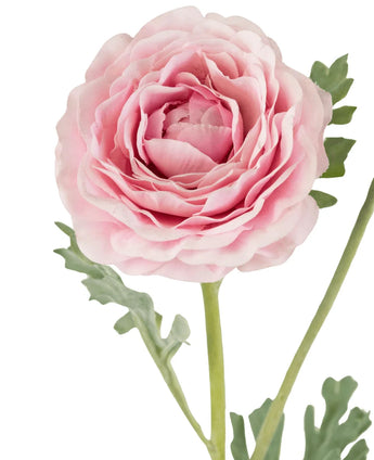 Un gros plan de la renoncule artificielle Real Touch rose 60 cm montre les pétales roses superposés et les feuilles vertes sur un fond blanc.